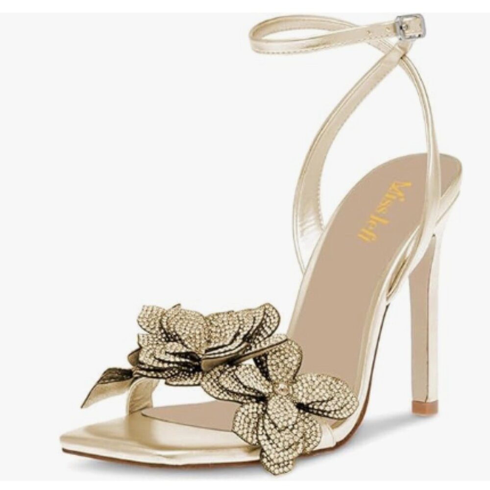miss left Pale Gold Rhinestones Stiletto Heel Sandals Strap Buckle Flower Shoes